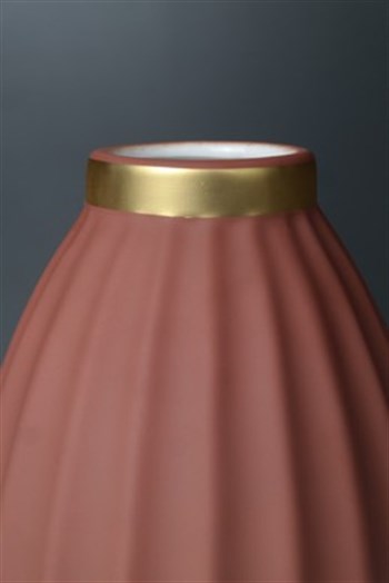 Mat Kırmızı Gold Detaylı Seramik Vazo 16 Cm Dekoratif Vazo