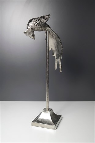 Metal Döküm Gümüş Renk Standlı Tavus Kuşu Dekoratif Obje 45 Cm Dekoratif Ev Aksesuarları