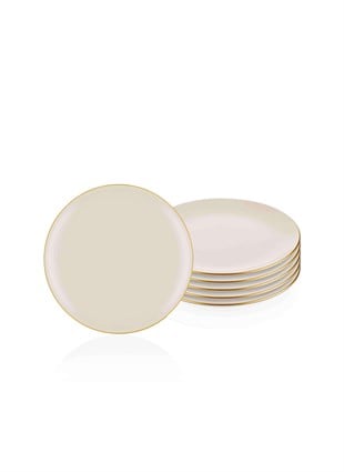 Pasta Tabağı 6lı Set Krem Basic Gold Detay Porselen 19 Cm Dekoratif Ev Aksesuarları
