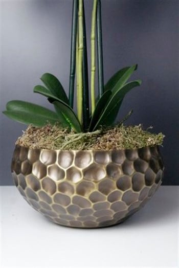 Pirinç Metal Saksı Mavi Orkide Yapay Çiçek Arajmanlı 60 Cm Dekoratif Saksı