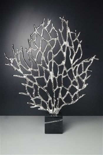 Pirinç Üzeri Gümüş Kaplama Hayat Ağacı Mermer Kaideli Dekoratif Obje 47 Cm