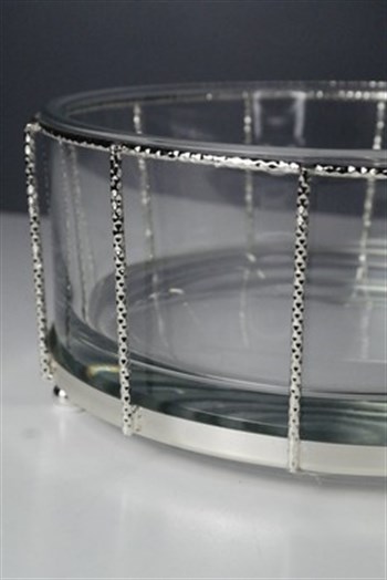 Şeffaf Gövde Pirinç Üzeri Gümüş Kaplama Tel Detaylı Cam Kase 20 Cm Dekoratif Kase