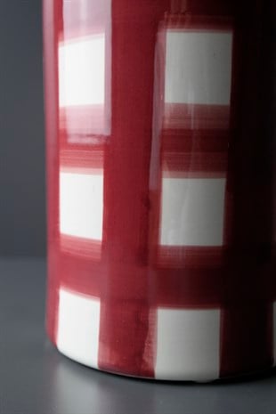 Silindir Şekilli Mantar Kapaklı Kırmızı Beyaz Seramik Küp 28 Cm