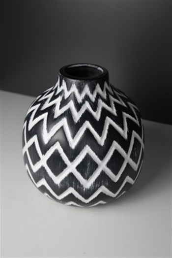 Siyah Beyaz Eskitme Detaylı Seramik Vazo 20 Cm Dekoratif Vazo