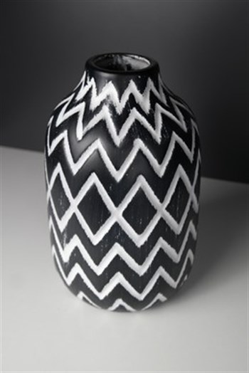 Siyah Beyaz Eskitme Detaylı Seramik Vazo 25 Cm Dekoratif Vazo