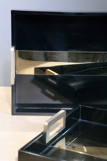 Siyah Gövde 2li Gold Metal Detaylı Kuplu Ahşap Tepsi Dekoratif Tepsi
