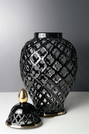 Siyah Gövde Gold Detaylı Ayaklı Transparan Seramik Küp 34 Cm Dekoratif Ev Aksesuarları