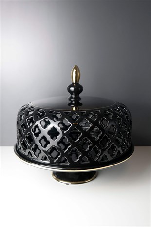 Siyah Gövde Gold Detaylı Ayaklı Transparan Seramik Pasta Standı 30 Cm Dekoratif Ev Aksesuarları