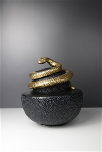 Siyah Gövde Gold Yılan Detaylı Seramik Dekoratif Küp 25 Cm Dekoratif Küp