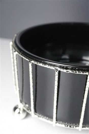 Siyah Gövde Pirinç Üzeri Gümüş Kaplama Tel Detaylı Cam Kase 17 Cm Dekoratif Kase