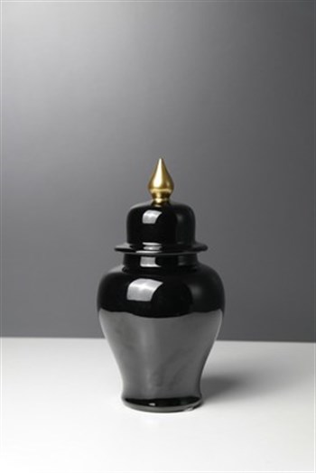 Siyah Küp Kapaklı Minyatür Gold Detaylı Dekoratif Seramik Küp 20 Cm Dekoratif Küp