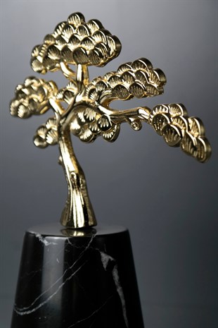 Siyah Mermer Kaide Üzeri Gold Metal Bulutlu Ağaç Tasarımlı Dekoratif Obje 23 Cm Dekoratif Ev Aksesuarları