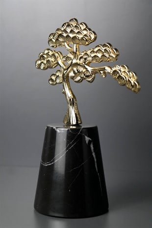 Siyah Mermer Kaide Üzeri Gold Metal Bulutlu Ağaç Tasarımlı Dekoratif Obje 23 Cm Dekoratif Ev Aksesuarları