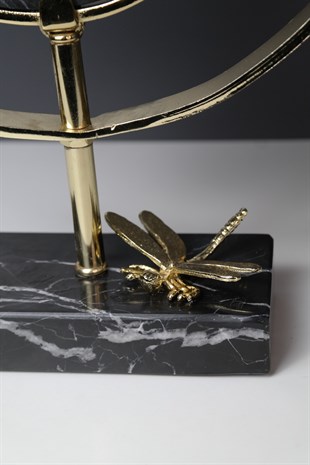 Siyah Mermer Kaideli Gold Çerçeveli Kelebek Detaylı Mermer Disk Dekoratif Obje 40 Cm Dekoratif Ev Aksesuarları