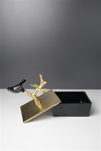 Siyah Metal Göve Gold Kapaklı Kuş Detaylı Dekoratif Kutu Küçük 12 Cm Dekoratif Kutu
