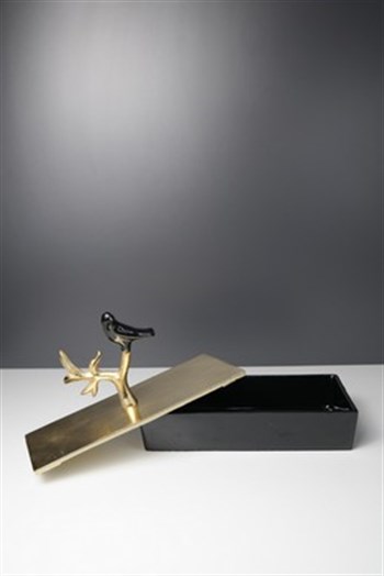 Siyah Metal Göve Gold Kapaklı Kuş Detaylı Dekoratif Kutu Büyük 22 Cm Dekoratif Kutu