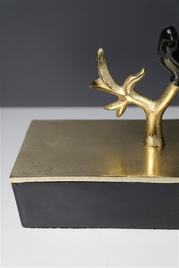 Siyah Metal Göve Gold Kapaklı Kuş Detaylı Dekoratif Kutu Büyük 22 Cm