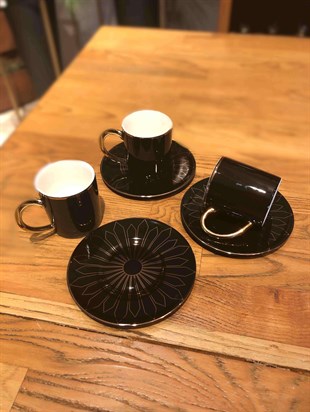 Türk Kahvesi 6lı Fincan Takımı  Porselen Siyah Gold Cam Su Bardaklı Set Dekoratif Ev Aksesuarları