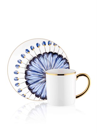 Türk Kahvesi 6lı Fincan Takımı  Porselen Beyaz Mavi Gold Cam Su Bardaklı Set Dekoratif Ev Aksesuarları
