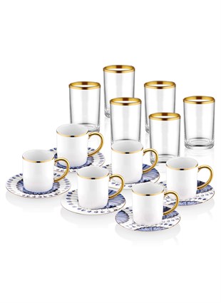 Türk Kahvesi 6lı Fincan Takımı Porselen Beyaz Mavi Gold Cam Su Bardaklı Set