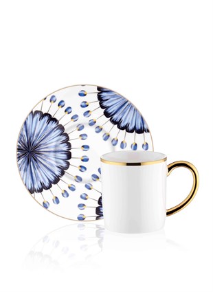 Türk Kahvesi 6lı Fincan Takımı  Porselen Beyaz Mavi Gold Cam Su Bardaklı Set Dekoratif Ev Aksesuarları