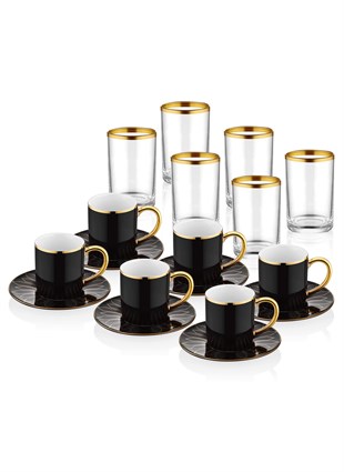 Türk Kahvesi 6lı Fincan Takımı Porselen Siyah Gold Cam Su Bardaklı Set