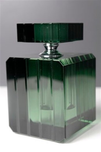 Yeşil Kristal Cam Kare Döner Kapaklı Dekoratif Parfüm Şişesi 13 Cm Şişe