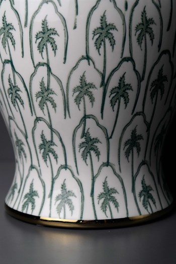 Yeşil Palmiye Desenli Gold Detaylı Beyaz Seramik Küp 37 Cm Dekoratif Küp